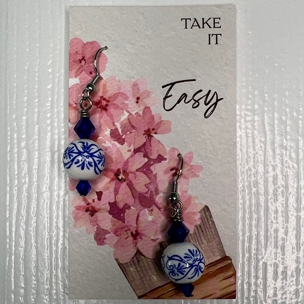 Blue & White Floral Bead Dangle Earrings